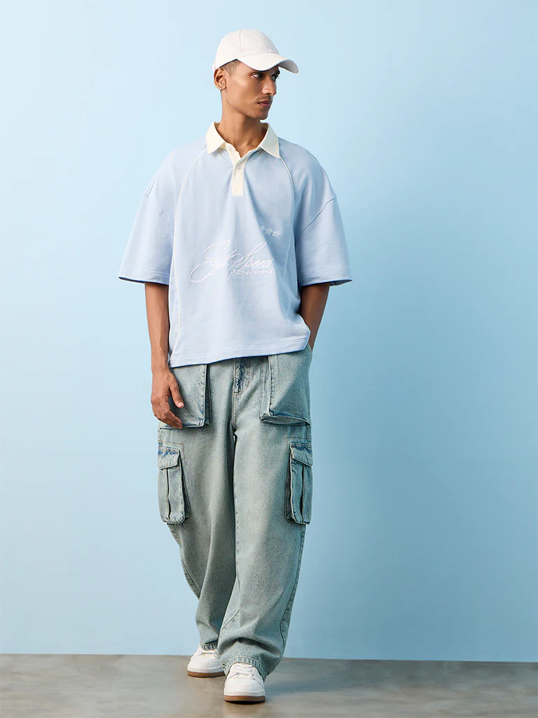 Nuon Light Blue Text-Printed Relaxed-Fit Cotton T-Shirt