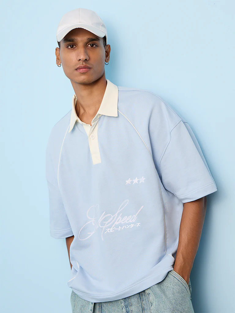 Nuon Light Blue Text-Printed Relaxed-Fit Cotton T-Shirt - Image 2