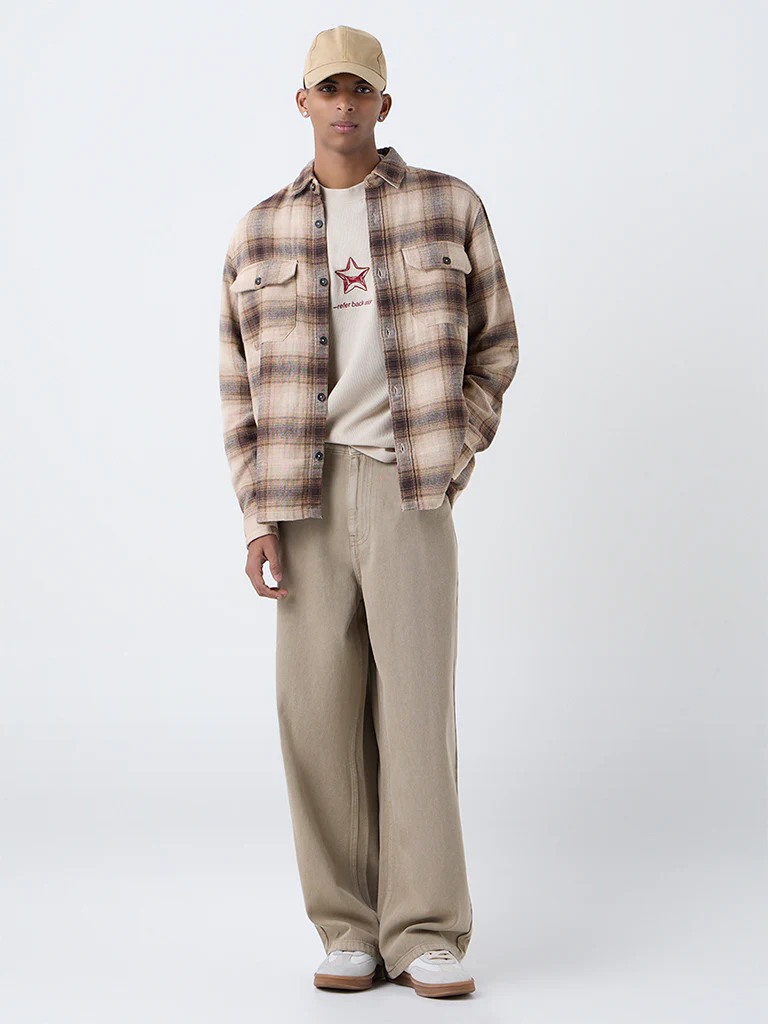 Nuon Light Brown Checkered Relaxed-Fit Cotton Shirt - Image 2