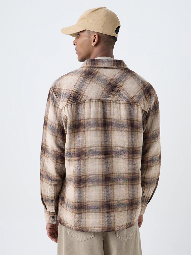 Nuon Light Brown Checkered Relaxed-Fit Cotton Shirt - Image 4
