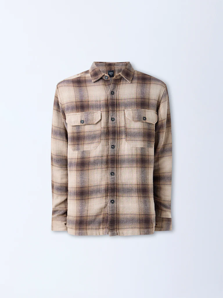 Nuon Light Brown Checkered Relaxed-Fit Cotton Shirt - Image 5
