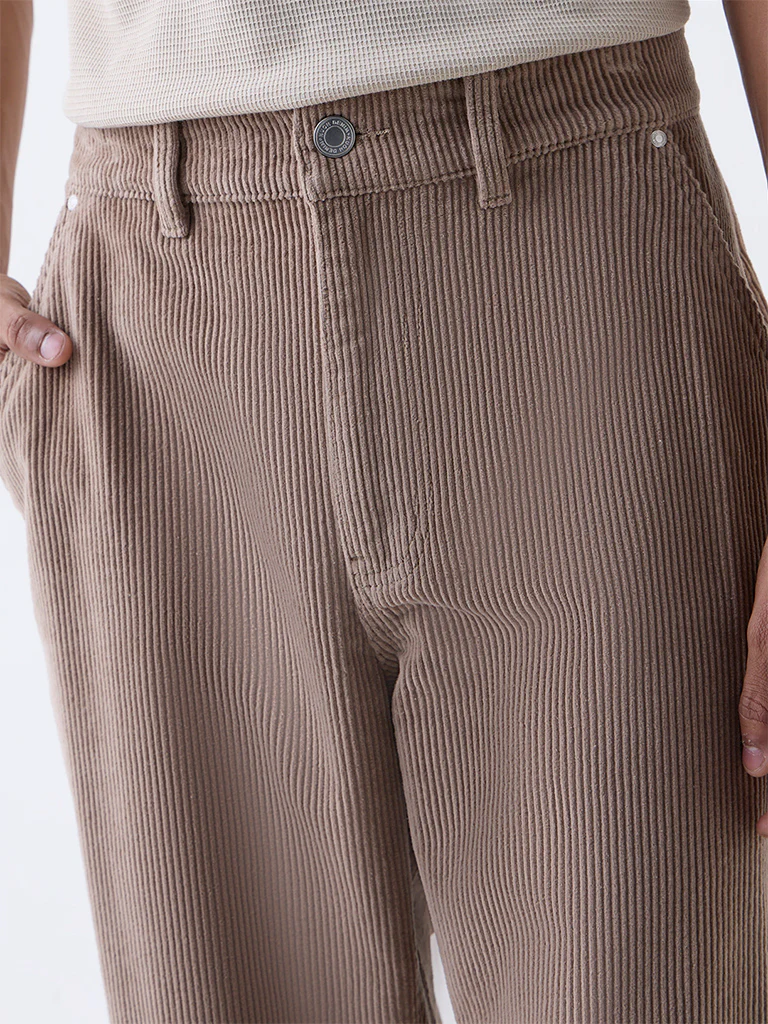 Nuon Light Brown Relaxed-Fit Mid-Rise Corduroy Trousers - Image 4