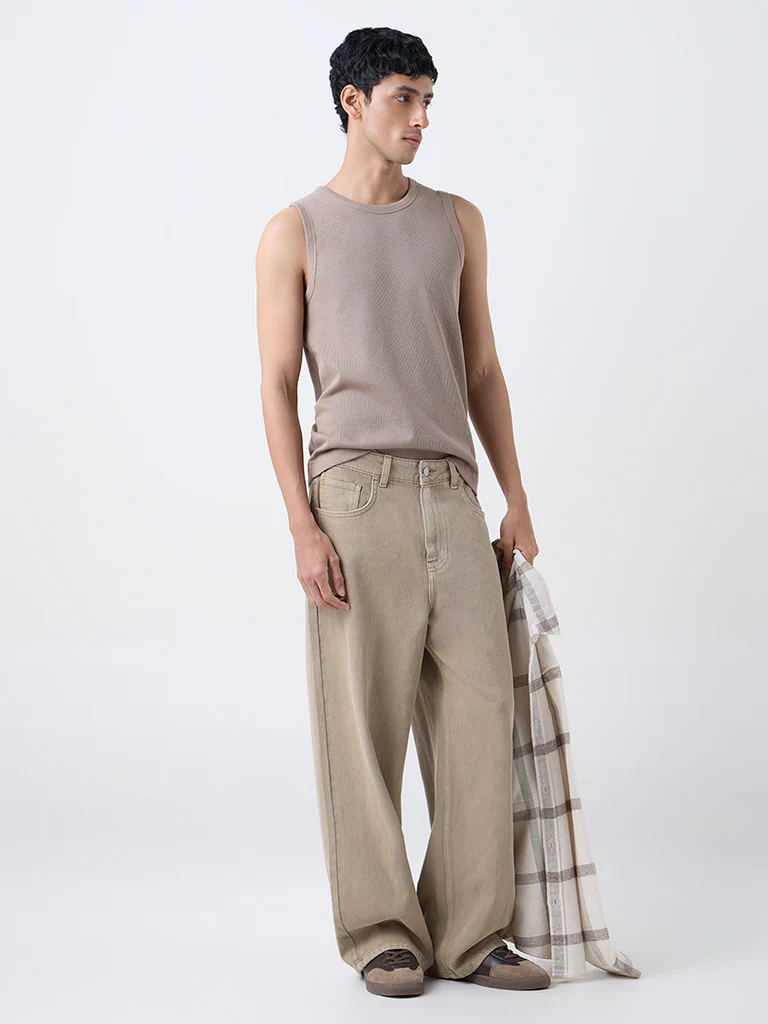 Nuon Light Brown Ribbed Slim-Fit Cotton-Blend T-Shirt - Image 3