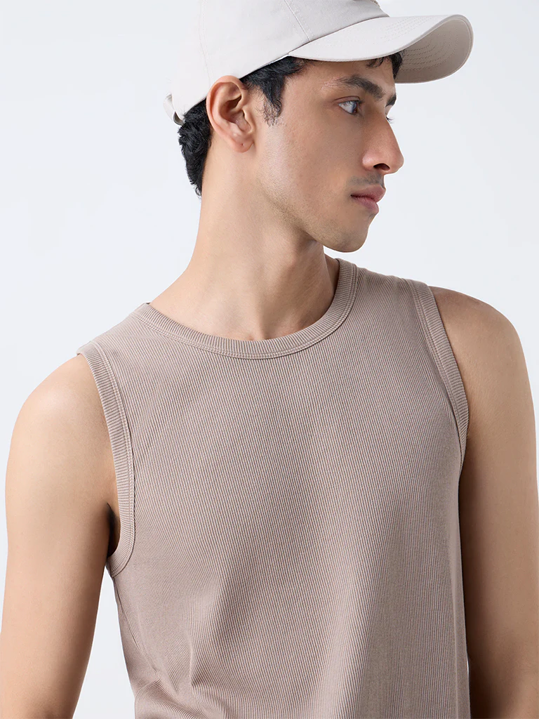 Nuon Light Brown Ribbed Slim-Fit Cotton-Blend T-Shirt - Image 4