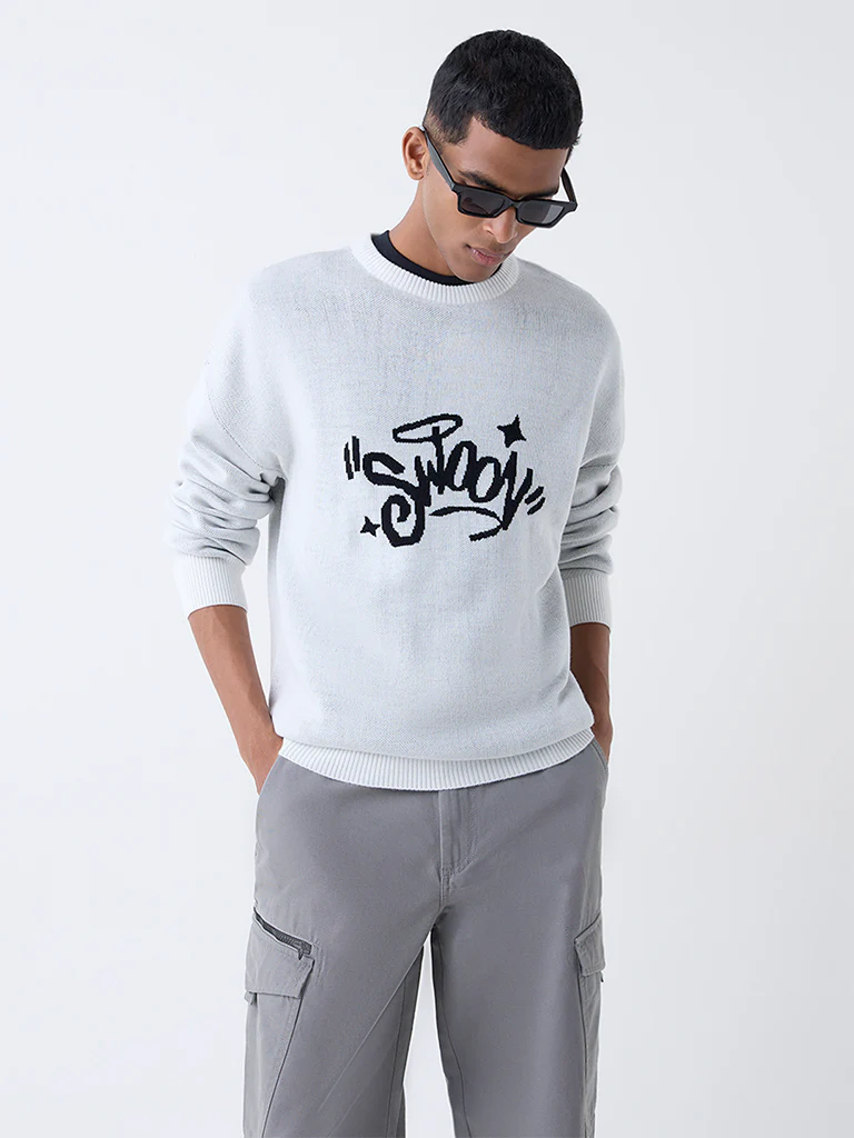Nuon Light Grey Typographic Relaxed-Fit Sweater - Image 2