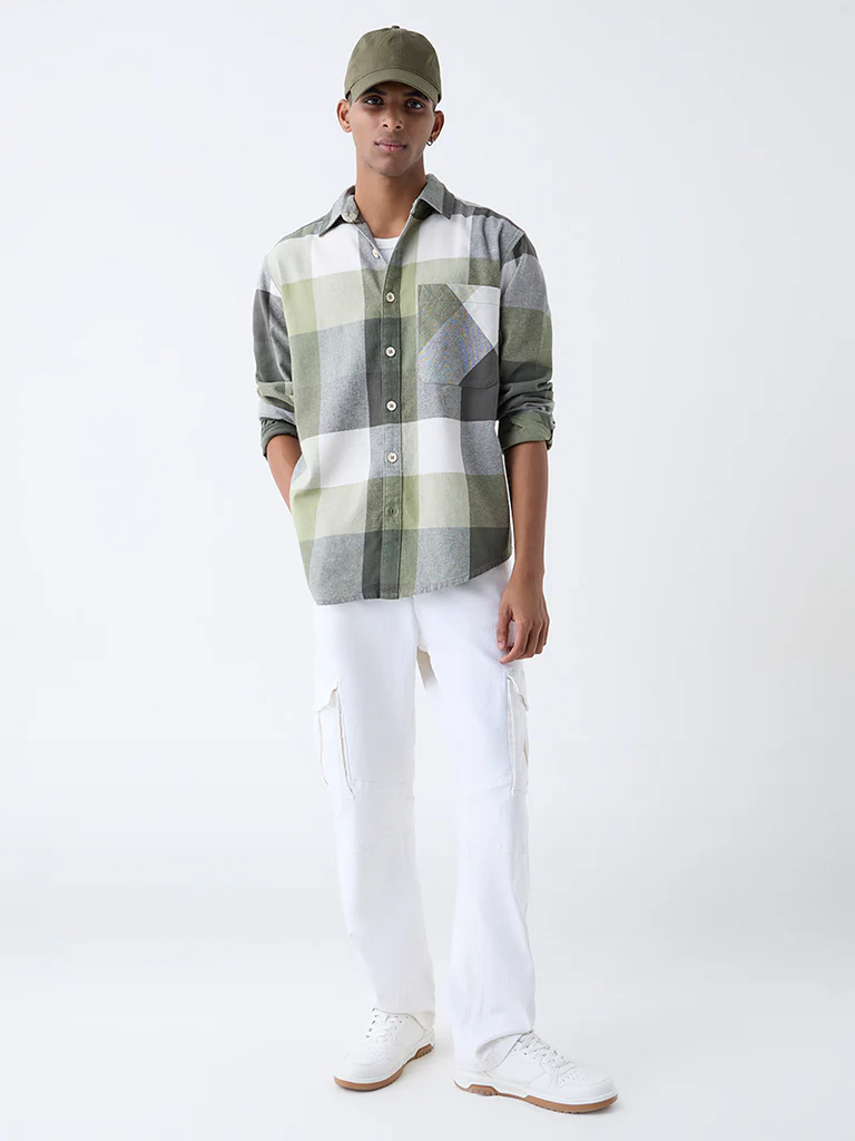 Nuon Light Olive Checkered Relaxed Fit Cotton Shirt - Image 2