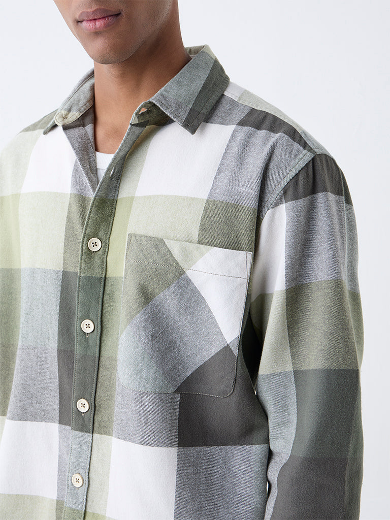 Nuon Light Olive Checkered Relaxed Fit Cotton Shirt - Image 3