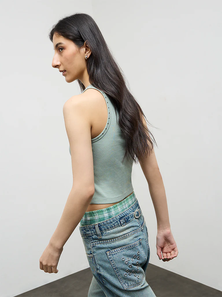 Nuon Light Sage Stud-Detailed Cotton-Blend Top - Image 4
