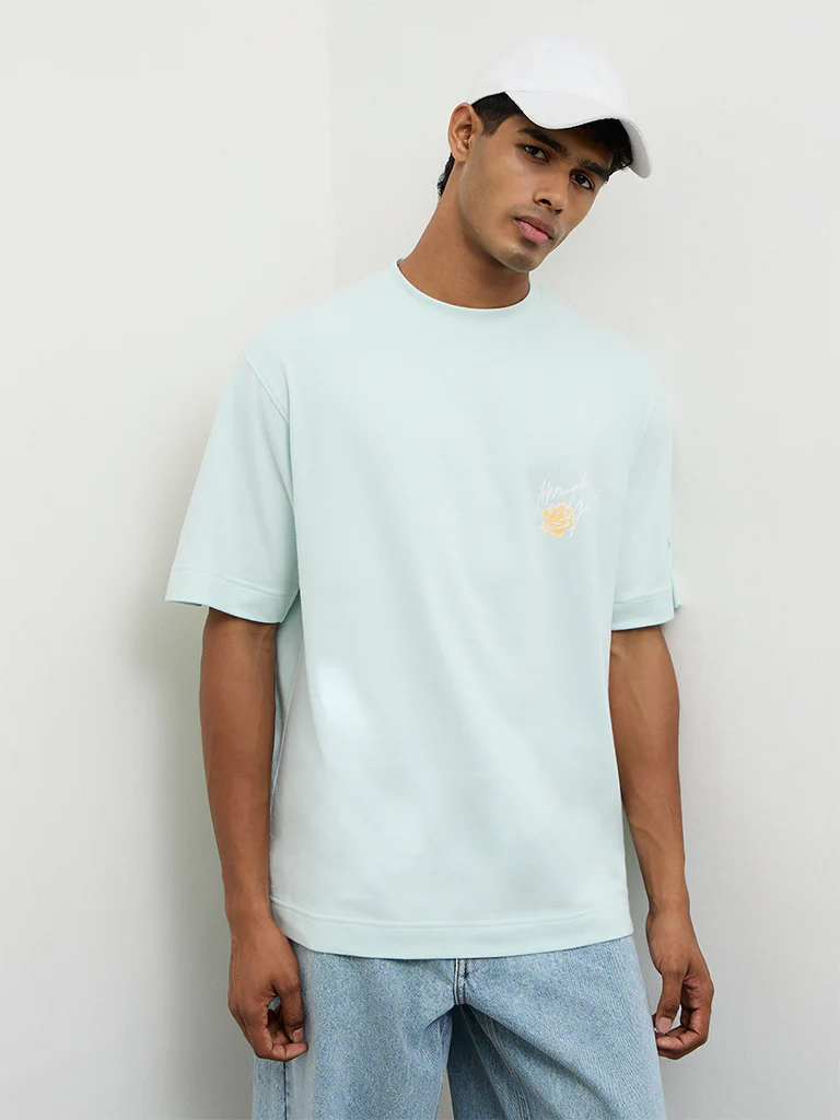 Nuon Light Teal Floral Printed Relaxed-Fit Cotton T-Shirt - Image 2