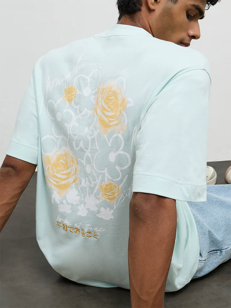 Nuon Light Teal Floral Printed Relaxed-Fit Cotton T-Shirt - Image 3