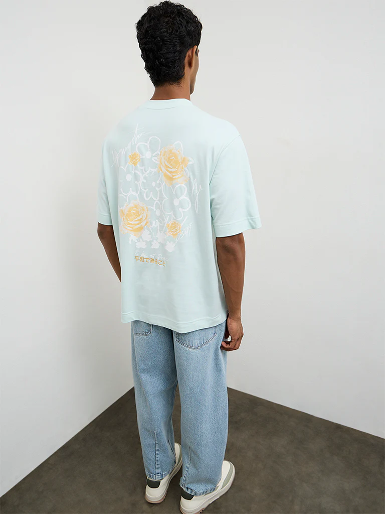 Nuon Light Teal Floral Printed Relaxed-Fit Cotton T-Shirt - Image 4