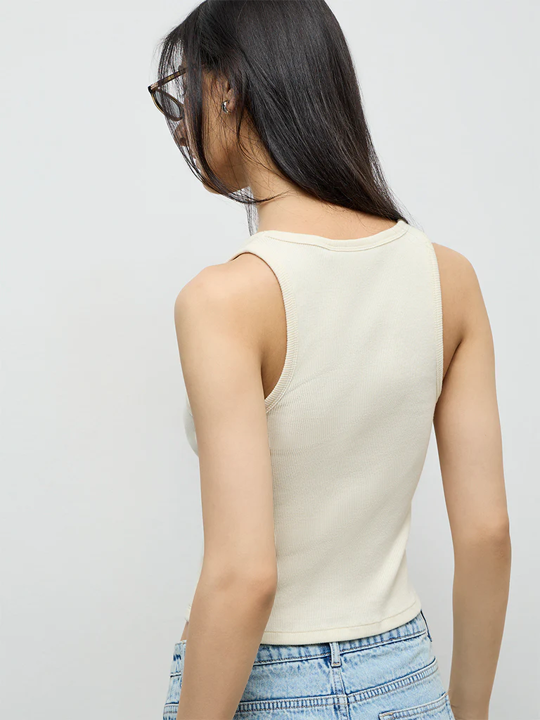 Nuon Light Yellow Embroidered Cotton-Blend Tank Top - Image 4