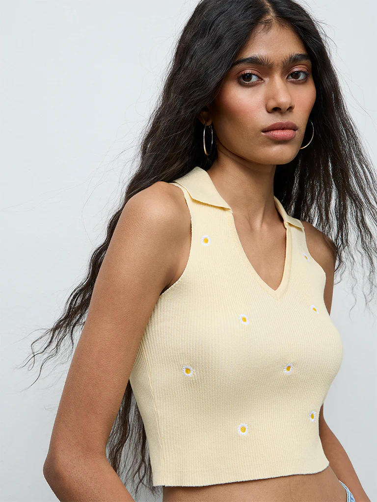 Nuon Light Yellow Floral Embroidered Top - Image 3