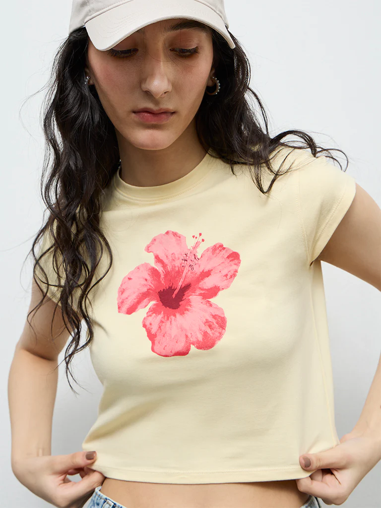 Nuon Light Yellow Floral Printed Cotton-Blend T-Shirt - Image 3