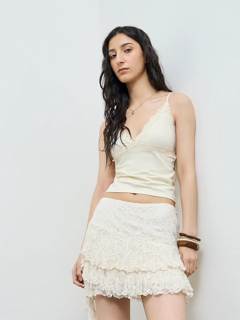 Nuon Light Yellow Lace Cotton-Blend Top