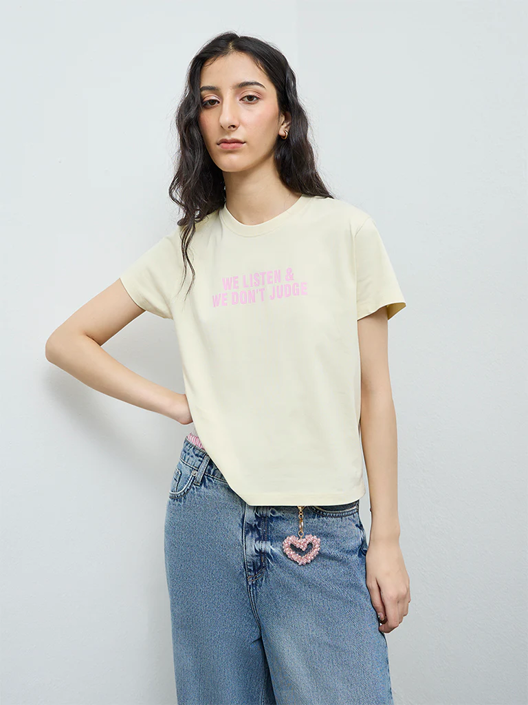 Nuon Light Yellow Text Cotton T-Shirt