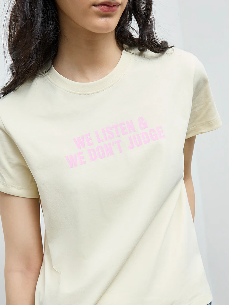 Nuon Light Yellow Text Cotton T-Shirt - Image 3