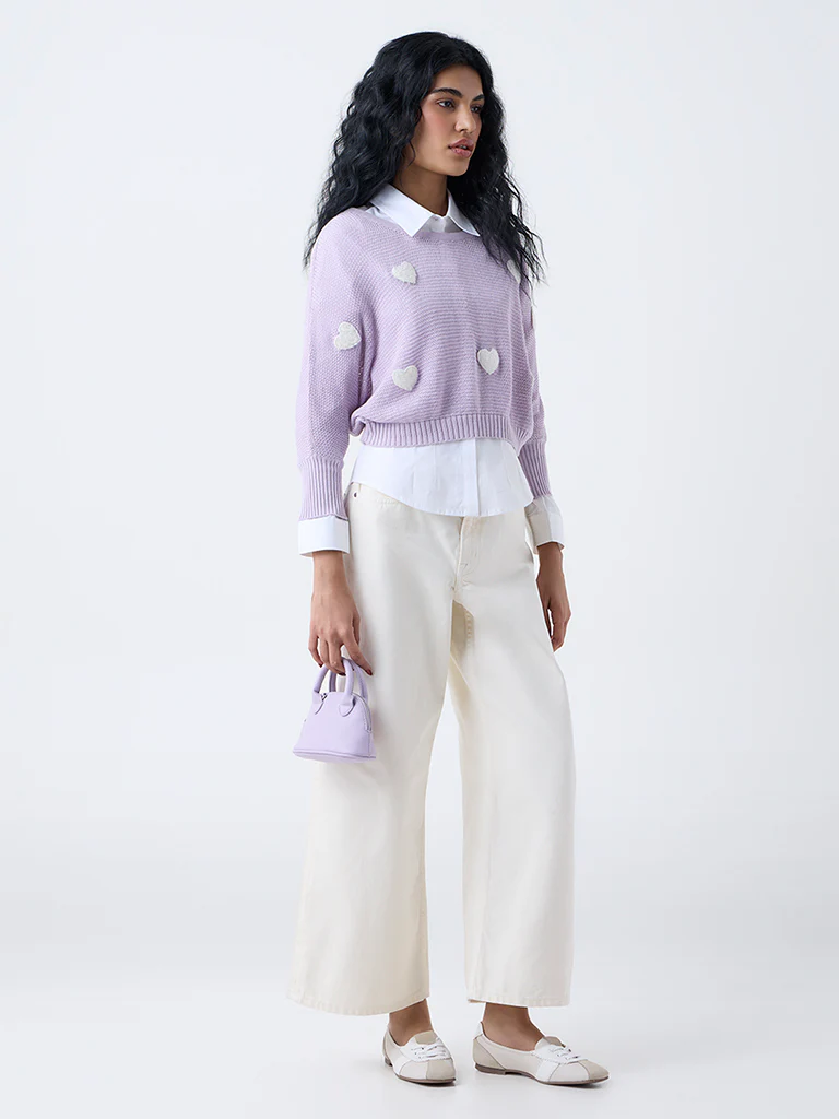 Nuon Lilac Heart Embroidered Cotton Sweater - Image 2