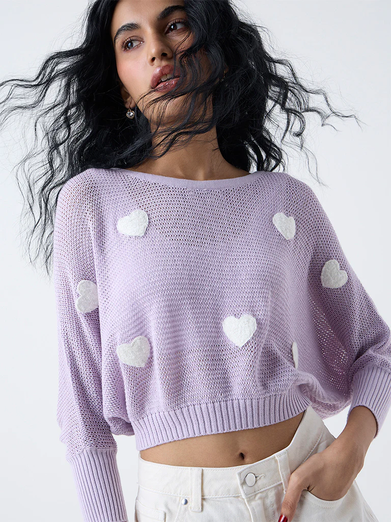 Nuon Lilac Heart Embroidered Cotton Sweater - Image 3