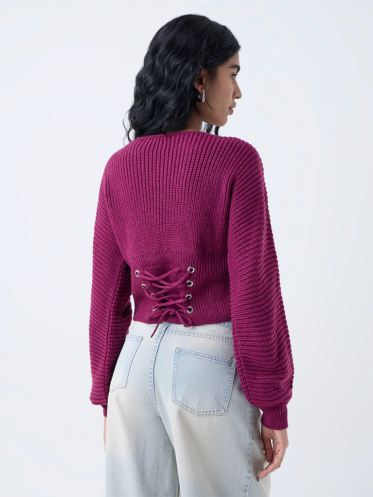 Nuon Magenta Knit-Textured Sweater - Image 4