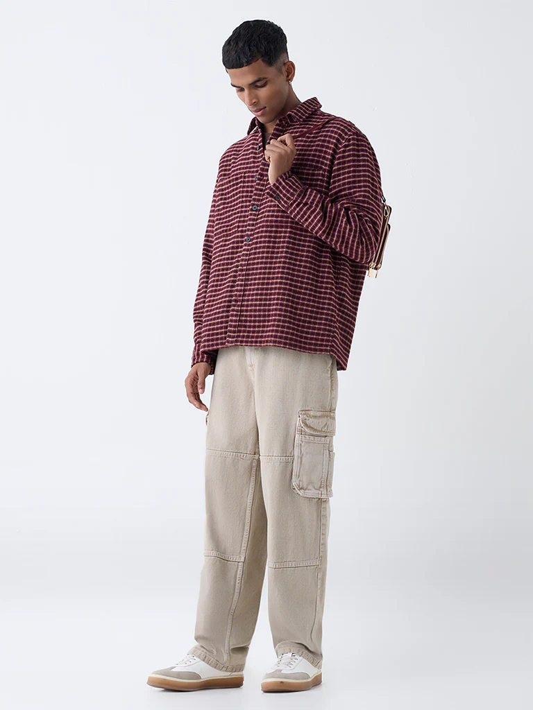 Nuon Maroon Checkered Relaxed-Fit Cotton Shirt - Image 2