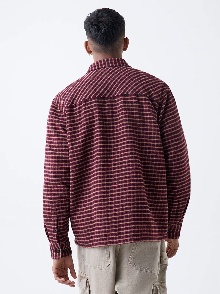 Nuon Maroon Checkered Relaxed-Fit Cotton Shirt - Image 4