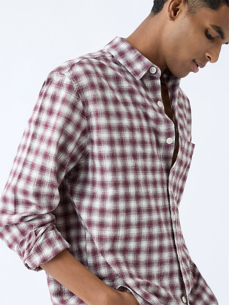 Nuon Maroon Checks Detailed Relaxed-Fit Cotton Shirt - Image 4
