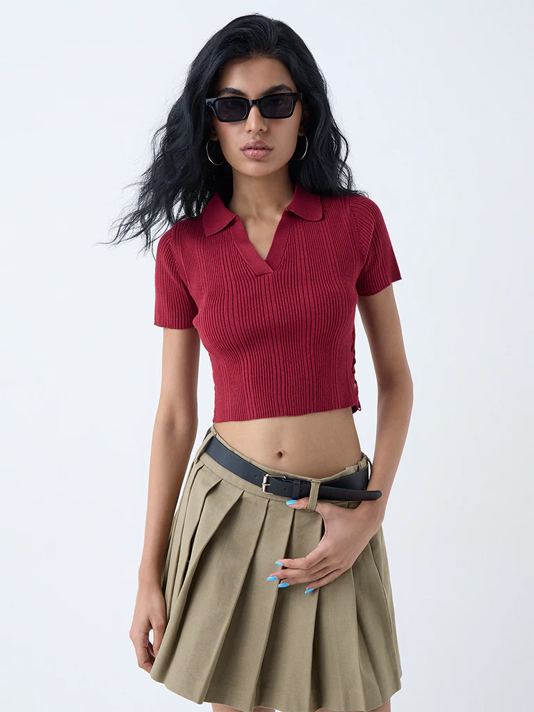 Nuon Maroon Ribbed-Textured T-Shirt - Image 2