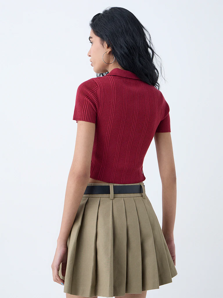 Nuon Maroon Ribbed-Textured T-Shirt - Image 4