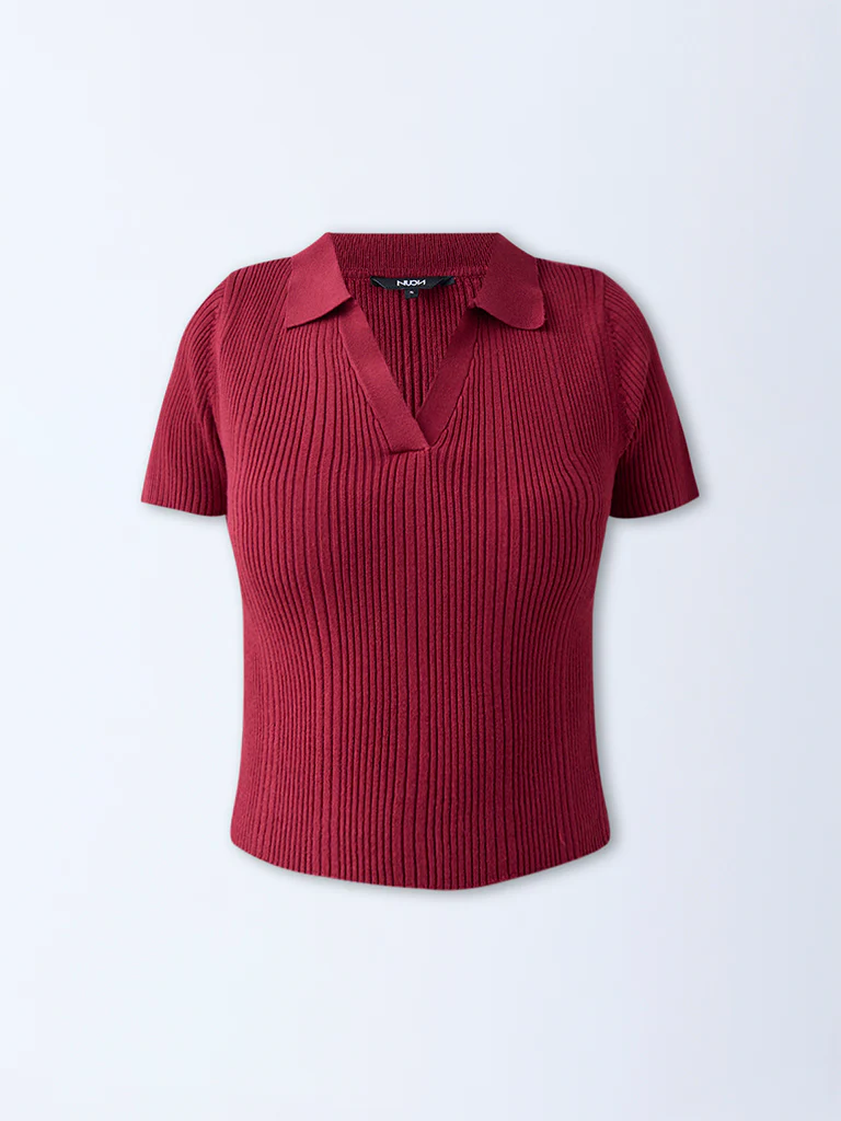 Nuon Maroon Ribbed-Textured T-Shirt - Image 5