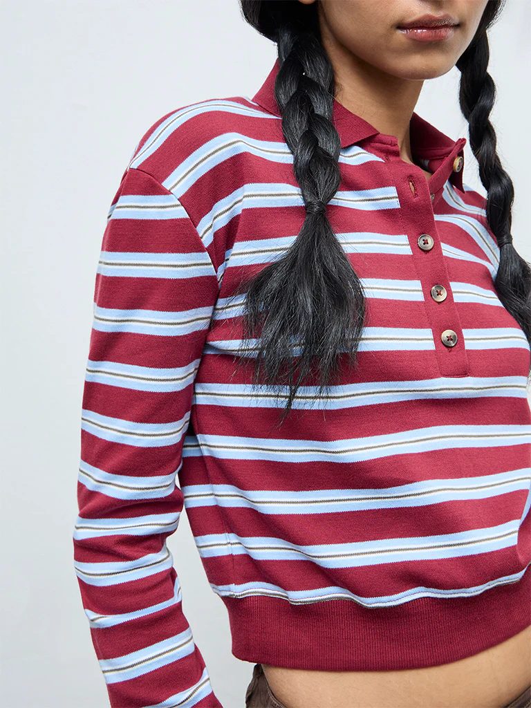 Nuon Maroon Striped Cotton T-Shirt - Image 3