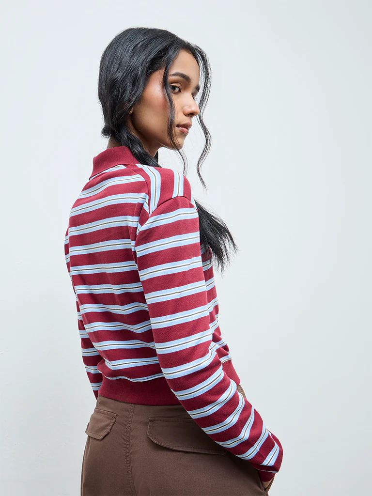 Nuon Maroon Striped Cotton T-Shirt - Image 4