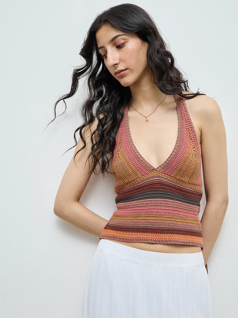 Nuon Multicolor Striped Knit-Textured Cotton Top