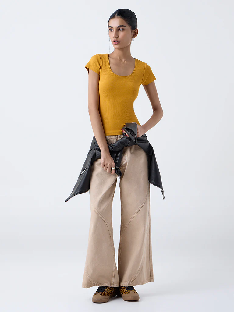 Nuon Mustard Ribbed Cotton-Blend T-Shirt - Image 2