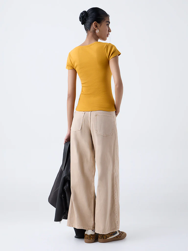 Nuon Mustard Ribbed Cotton-Blend T-Shirt - Image 4