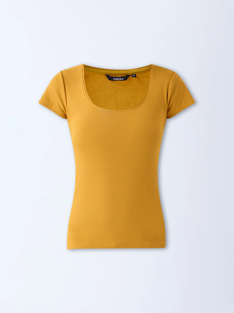 Nuon Mustard Ribbed Cotton-Blend T-Shirt - Image 5
