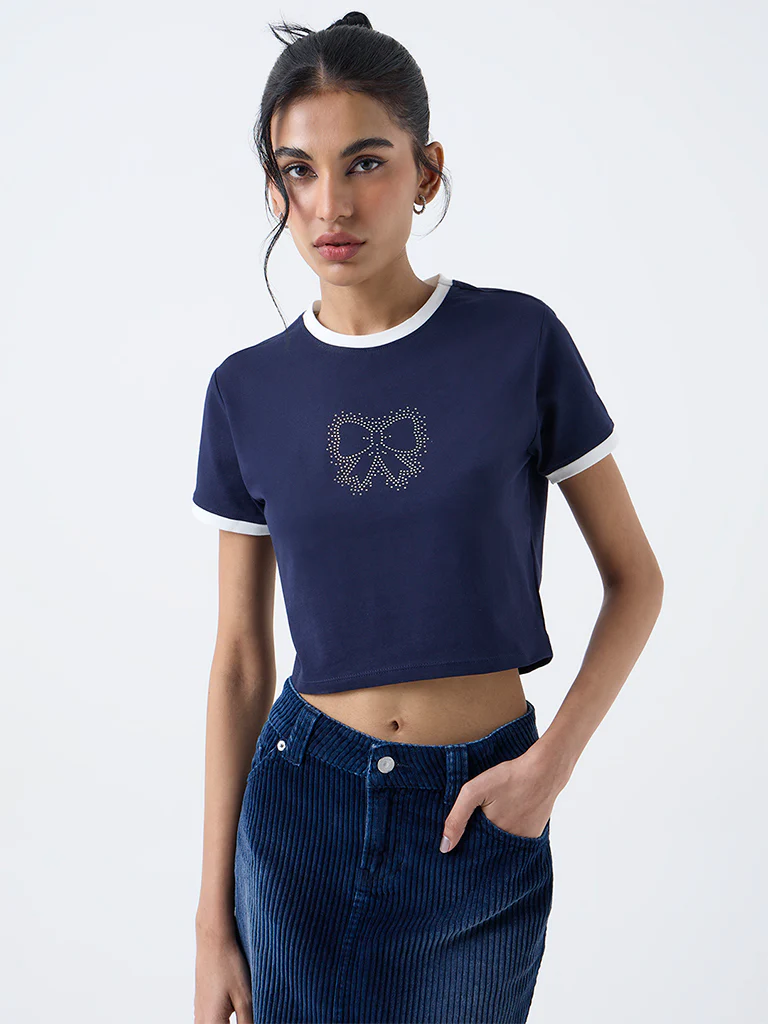 Nuon Navy Bow-Design Cotton-Blend T-Shirt - Image 2