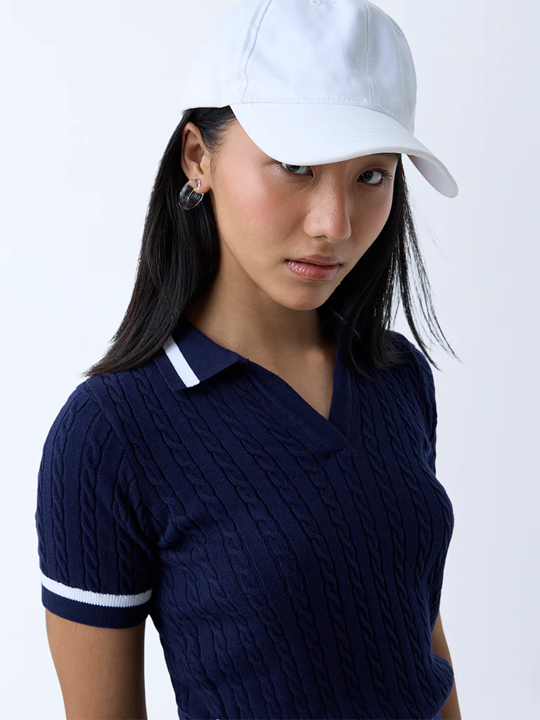 Nuon Navy Cable-Knit Cotton T-Shirt - Image 3