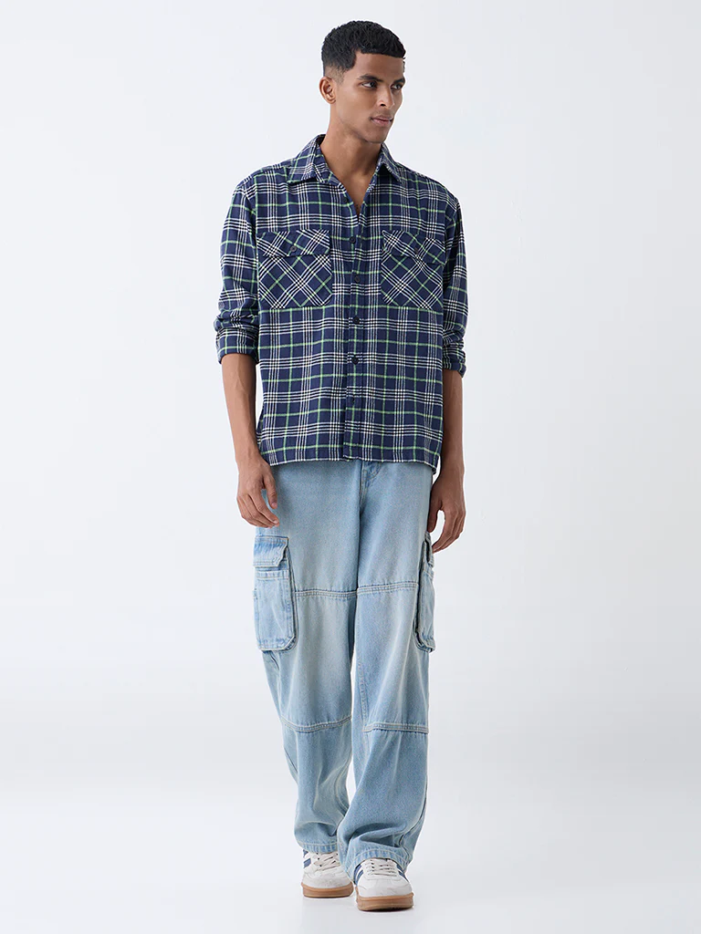 Nuon Navy Checkered Relaxed-Fit Cotton Shirt