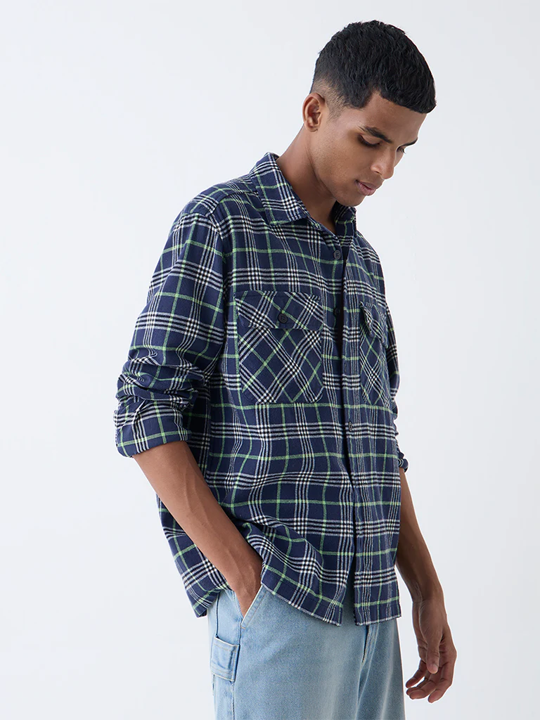Nuon Navy Checkered Relaxed-Fit Cotton Shirt - Image 2