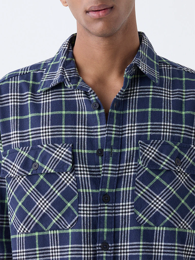 Nuon Navy Checkered Relaxed-Fit Cotton Shirt - Image 3