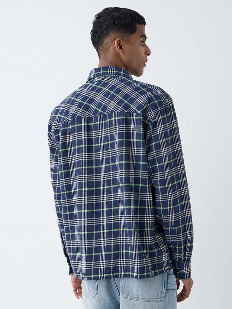 Nuon Navy Checkered Relaxed-Fit Cotton Shirt - Image 4