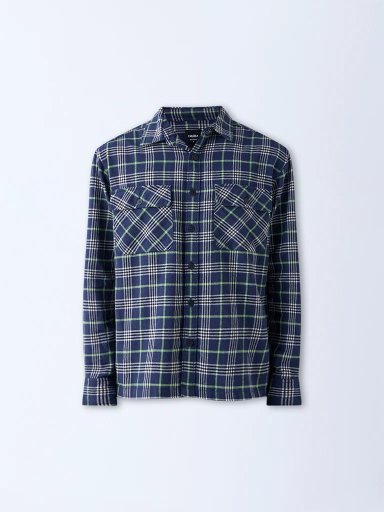 Nuon Navy Checkered Relaxed-Fit Cotton Shirt - Image 5