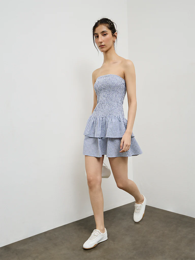 Nuon Navy Checkered Smocked Cotton Tiered Dress - Image 2