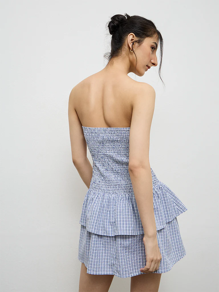 Nuon Navy Checkered Smocked Cotton Tiered Dress - Image 4