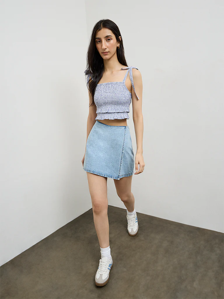 Nuon Navy Checkered Smocked Cotton Top - Image 2