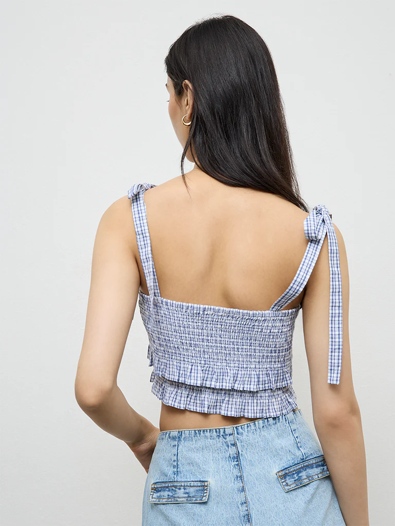 Nuon Navy Checkered Smocked Cotton Top - Image 4