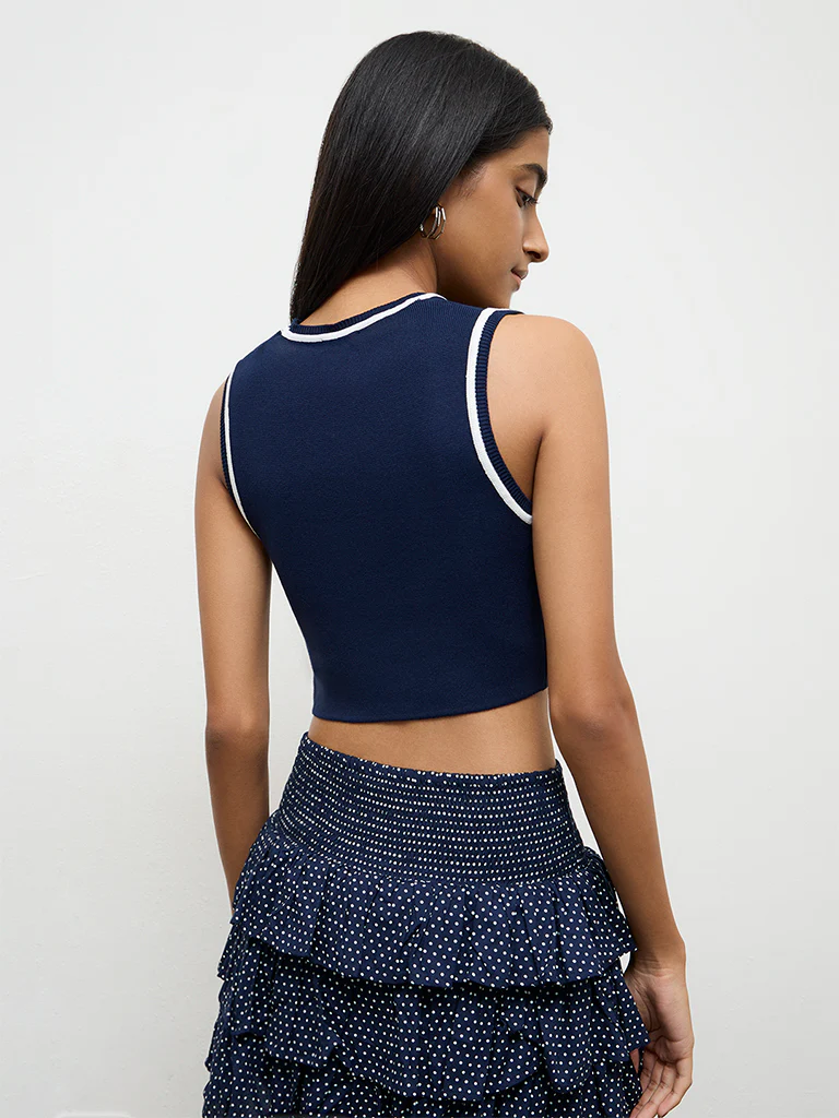 Nuon Navy Contrast-Detailed Top - Image 4