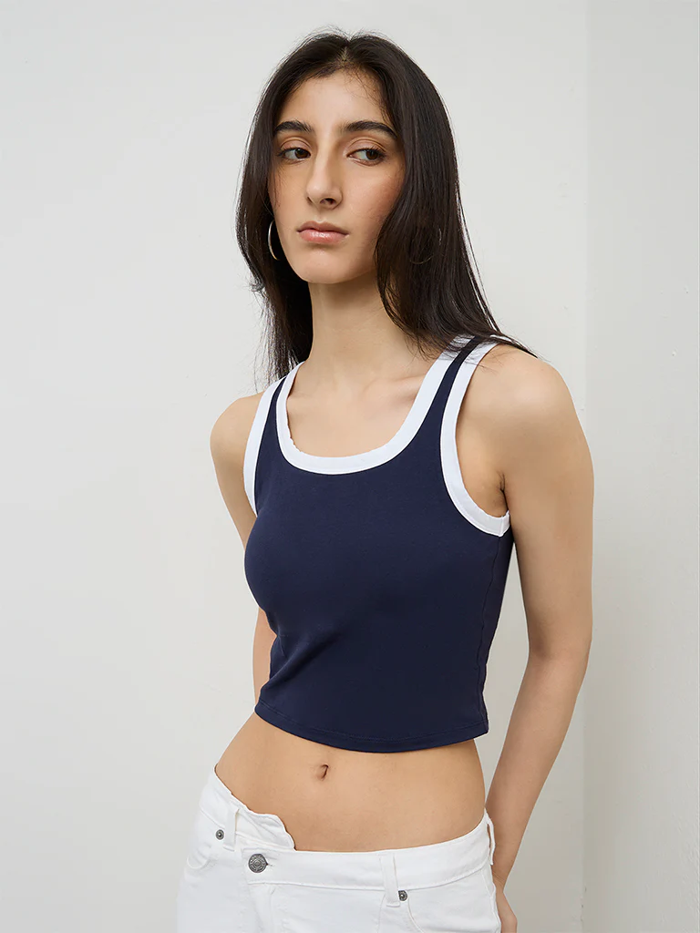 Nuon Navy Cut-Out Design Cotton-Blend Tank Top