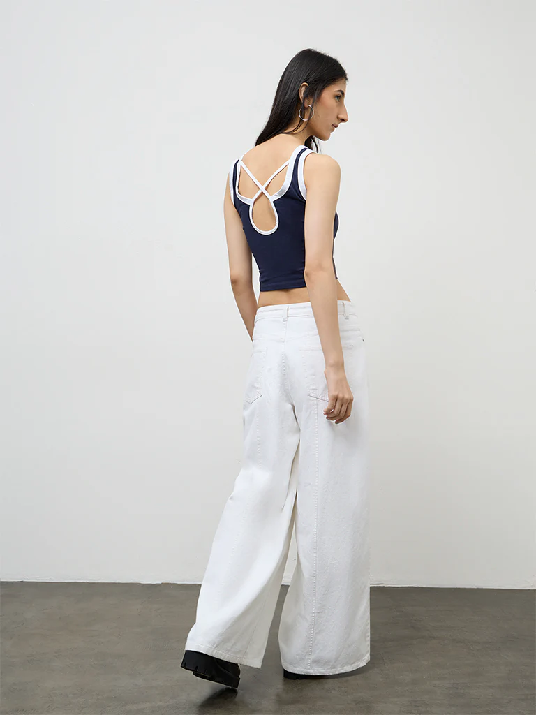 Nuon Navy Cut-Out Design Cotton-Blend Tank Top - Image 4